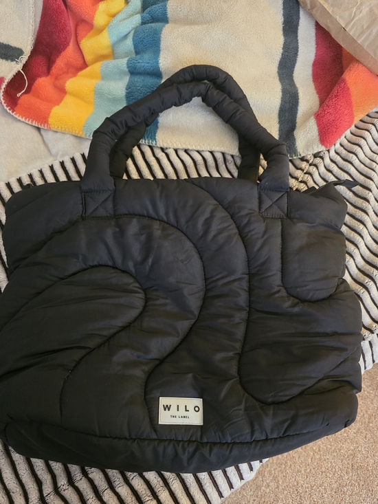 Wilo The Label Handbags - WILO Black Quilted Tote/Travel Puffer Bag With Spiral Pattern